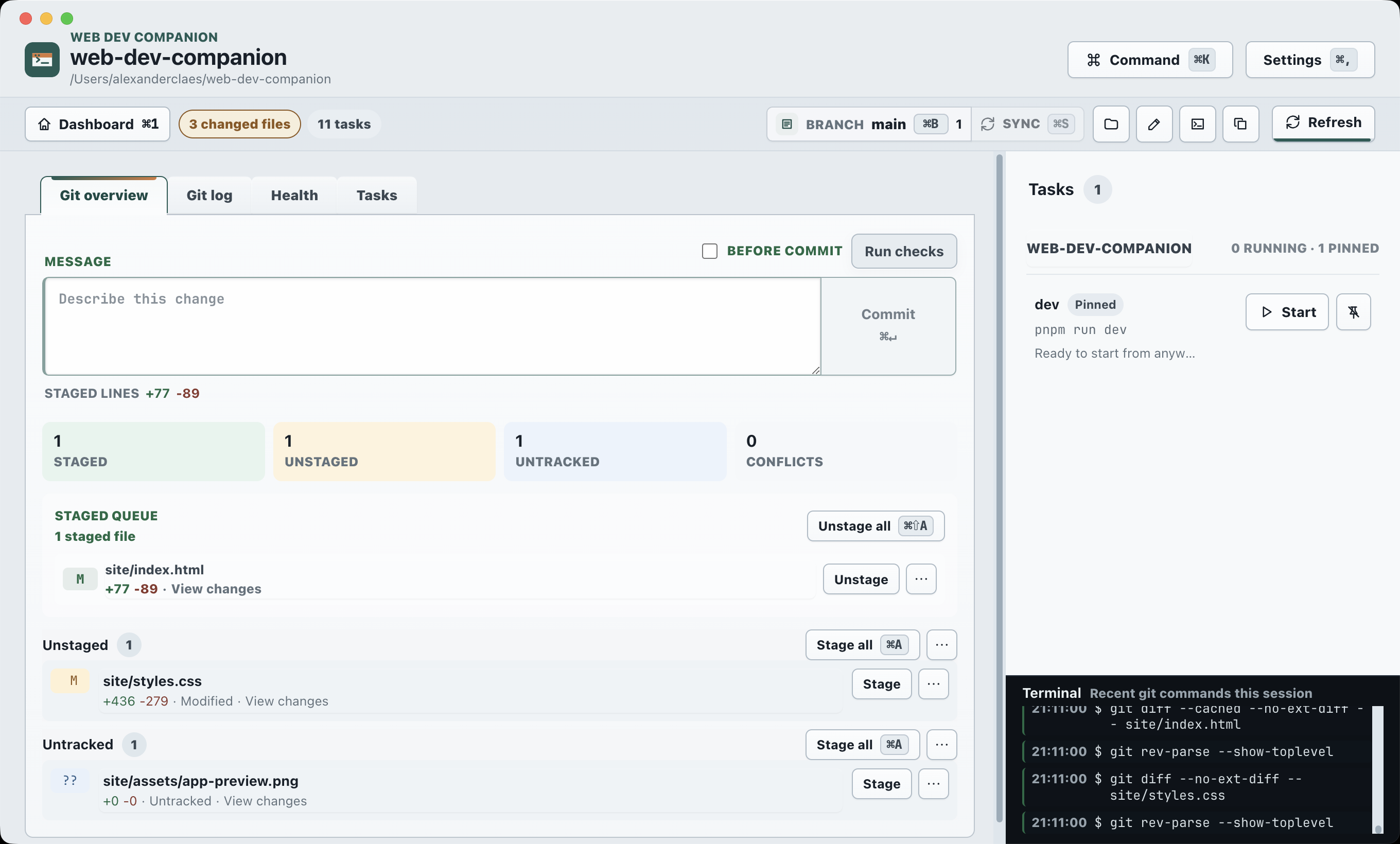 Web Dev Companion showing the Tasks view for a local project.